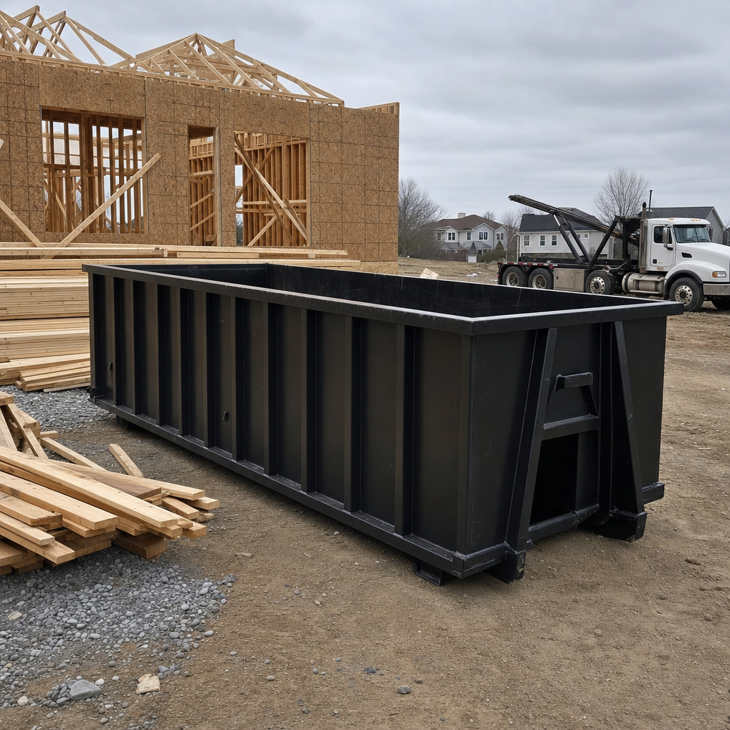 Matte-black 40-yard roll-off dumpster staged on a framed-out residential construction site in Cranston, framing lumber stacked nearby, hooklift delivery truck visible in the background under bright Colorado daylight
