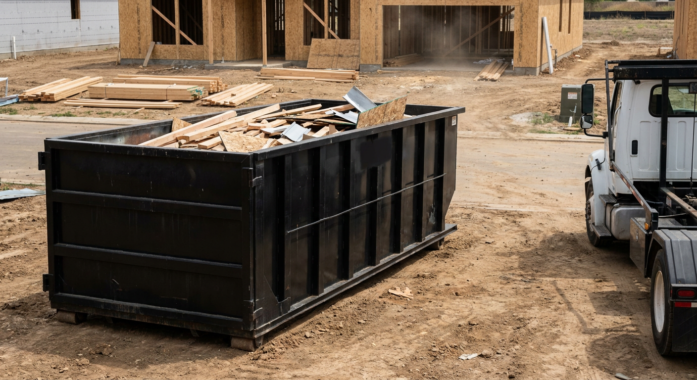 Matte-black 20-yard roll-off construction dumpster with heavy ribbed steel sidewalls and swing rear doors at a working jobsite in Cranston, sitting directly on compacted dirt with an unmarked white hauler partially visible at the far edge of the frame.