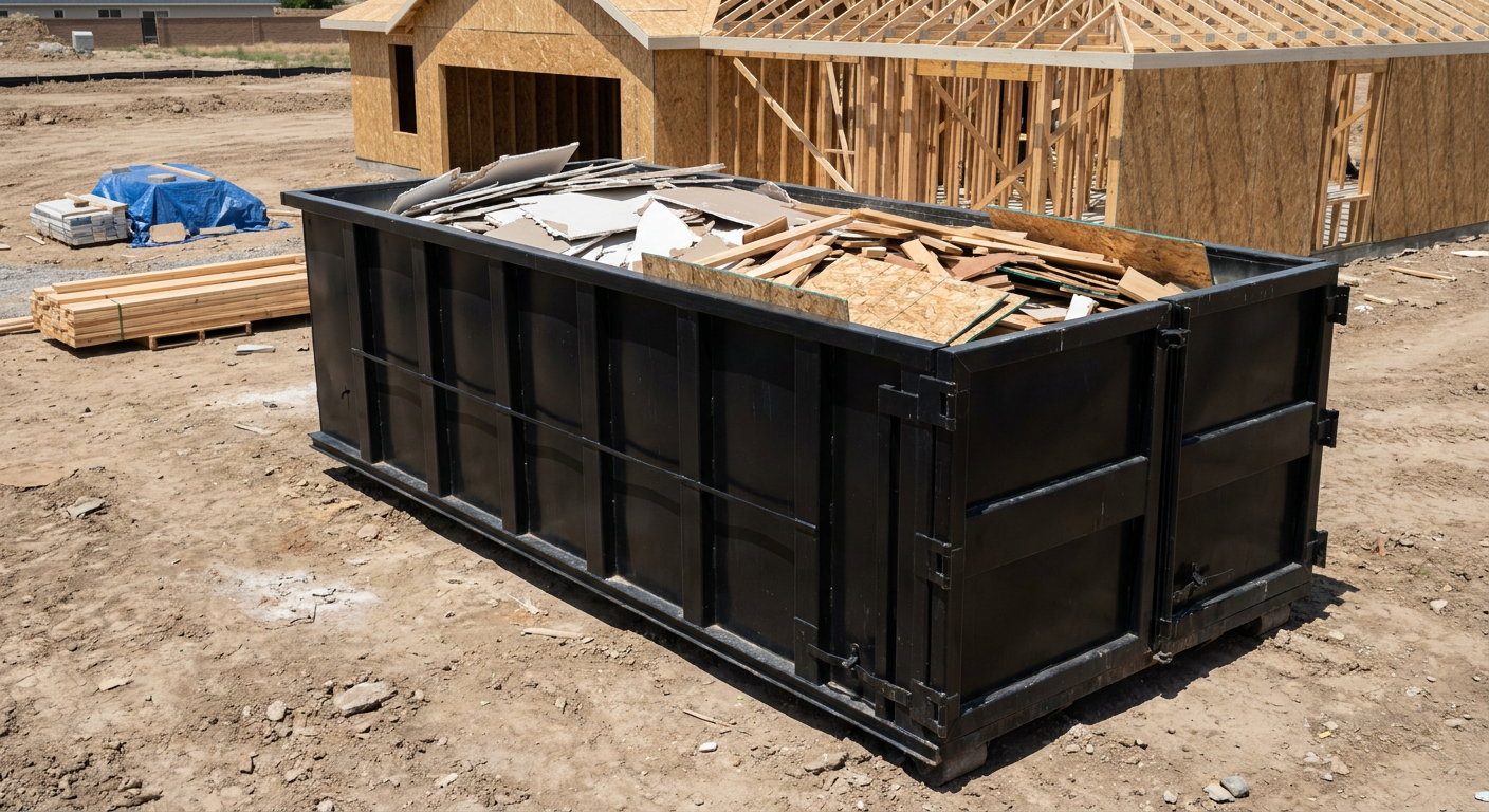 Matte-black 30-yard roll-off construction dumpster sitting directly on the compacted-dirt site of a framed single-family home build in Cranston, drywall and lumber scrap loaded inside.