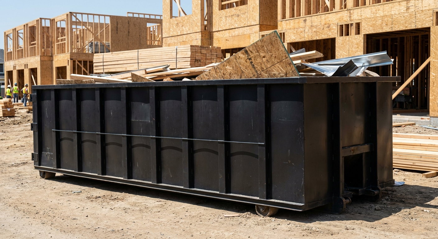 Matte-black 40-yard roll-off construction dumpster being lowered from a white-cab hooklift delivery truck onto the compacted-dirt jobsite at a commercial build site in Cranston