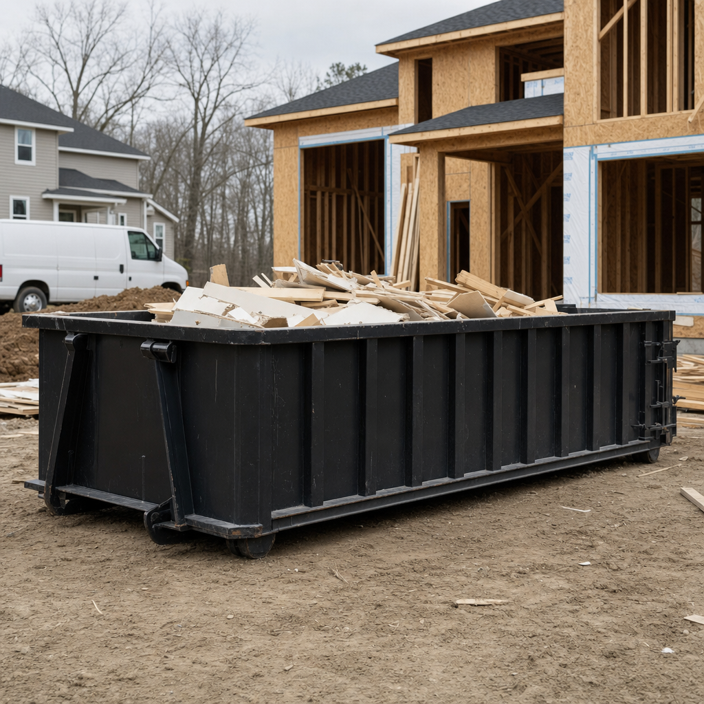 Worker in a yellow high-visibility vest tossing framing lumber and broken drywall into a matte-black 30-yard construction roll-off dumpster on an active build site in Cranston, bright daylight