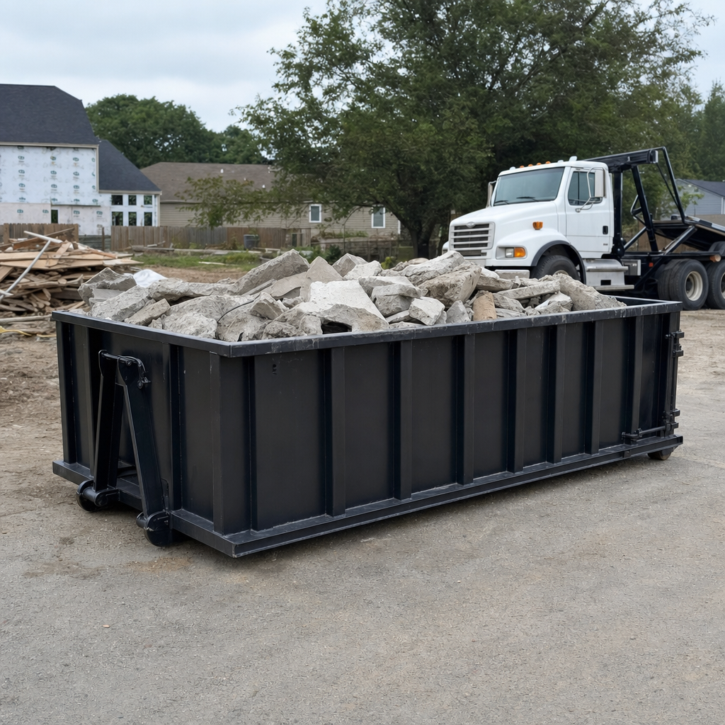 Low-profile matte-black lowboy roll-off dumpster loaded with broken concrete slab and rebar at a foundation tear-out in Cranston, skid steer parked beside it, sunny Colorado morning