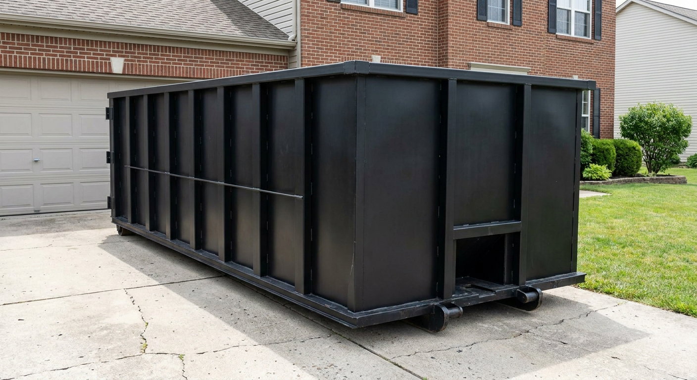 Matte-black 20-yard roll-off container on a Cranston residential concrete driveway with reinforced ribbed steel sidewalls and a hinged rear walk-in door, clean bright daylight.