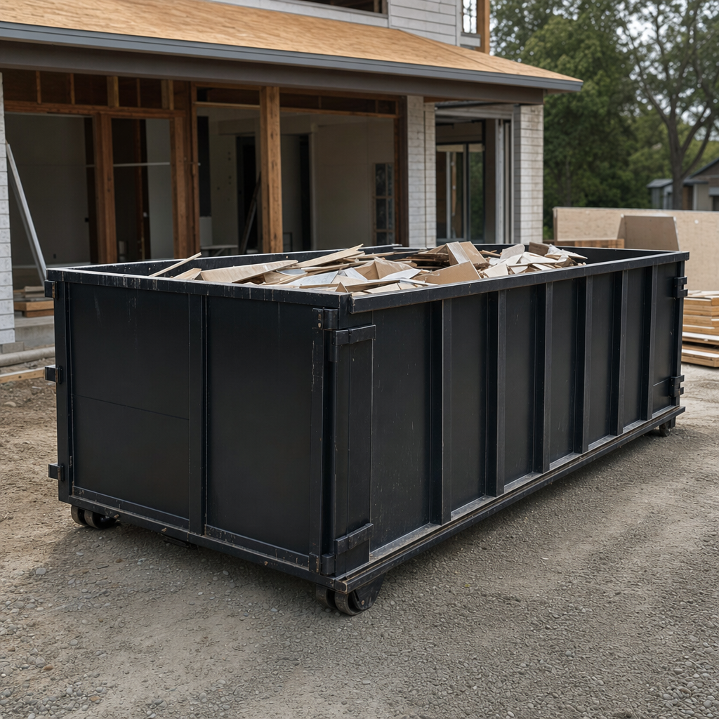 Large matte-black 30-yard construction roll-off dumpster at an active Cranston jobsite, steel-gray top rails and bottom rollers visible, loaded with construction debris.