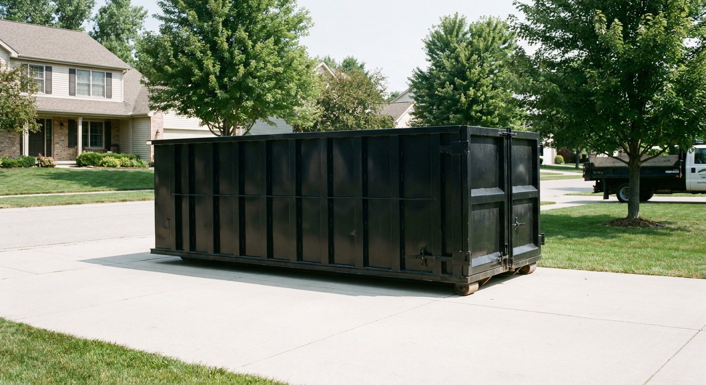 Matte-black 20-yard roll-off dumpster sitting level on a clean Cranston residential concrete driveway under bright daylight, demonstrating clean placement directly on the concrete.