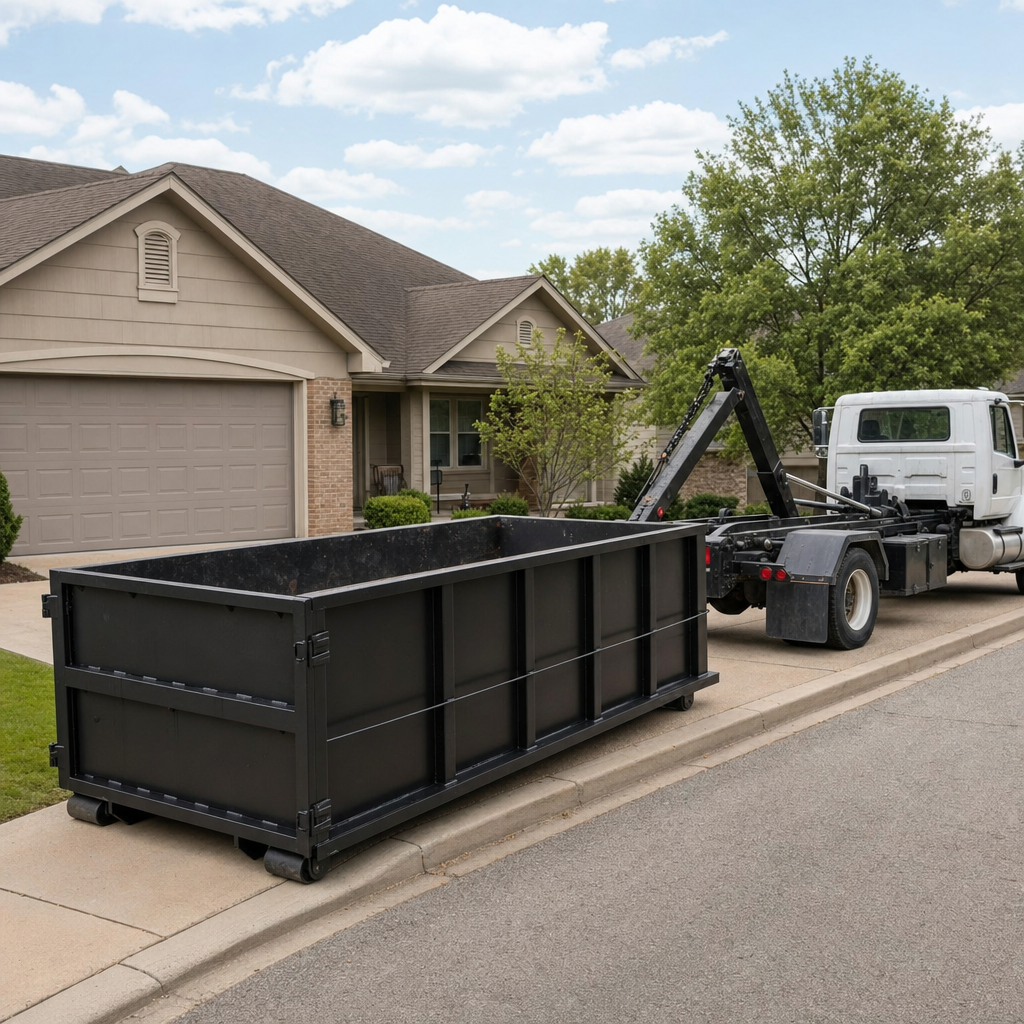 Wide documentary shot of a matte-black roll-off dumpster on a Cranston residential driveway in the foreground and a contractor jobsite container in the soft-focus background, bright daylight, calm and orderly composition.