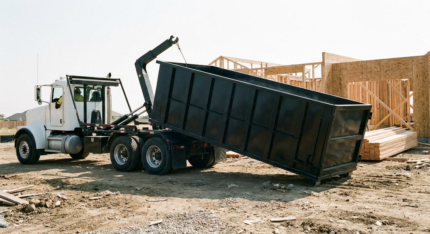 Matte-black roll-off dumpster being delivered onto a clean residential concrete driveway in Cranston by an unmarked white hooklift hauler truck, bright morning daylight, documentary 35mm perspective.