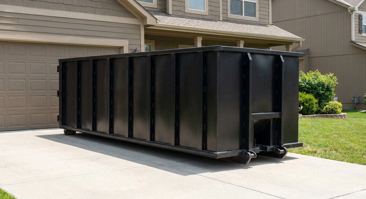 Matte-black residential roll-off dumpster sitting directly on a suburban Cranston concrete driveway, garage door closed, single-family home in background, bright morning daylight.