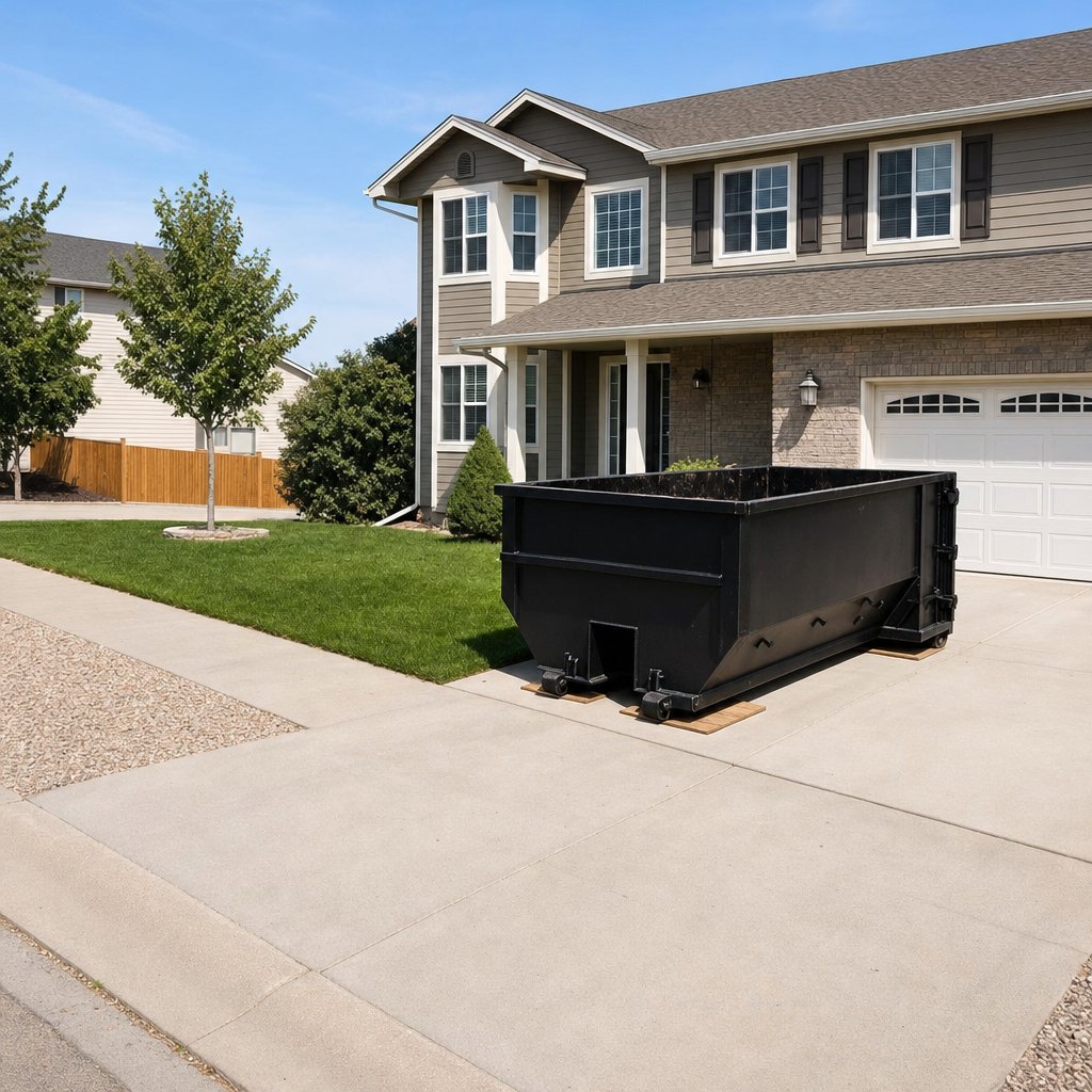 10-yard matte-black residential dumpster placed directly on a narrow Cranston concrete driveway, room remains for a parked sedan beside it, mid-morning natural light