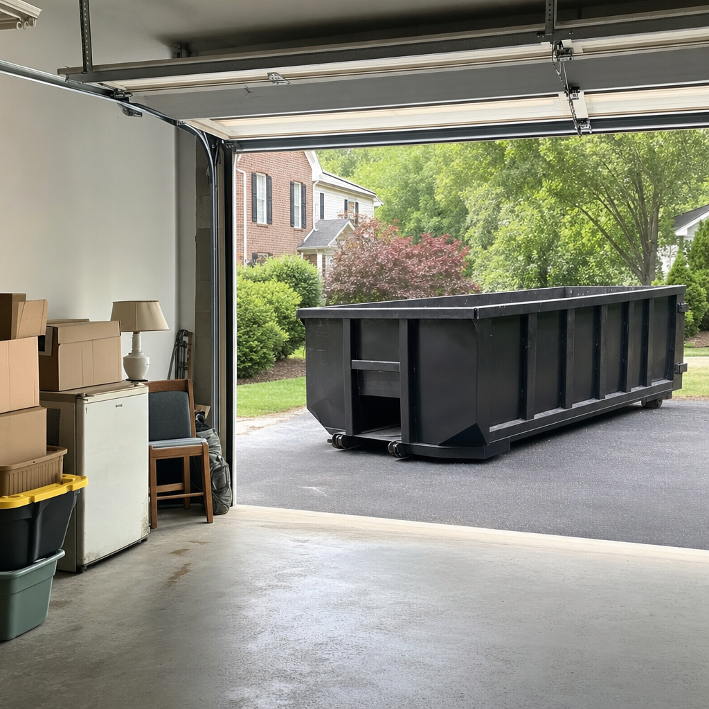 Open garage interior in a Cranston home mid-cleanout — boxed items, an old appliance, and stacked yard tools queued near the driveway for a matte-black roll-off dumpster, organized and calm