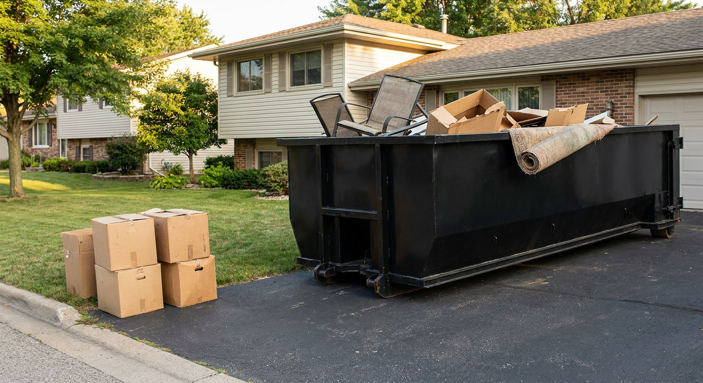 Front-yard view of a Cranston split-level home with a 20-yard matte-black roll-off dumpster sitting directly on the asphalt driveway, a few clearly labeled donation boxes staged at the curb, calm sunny afternoon.