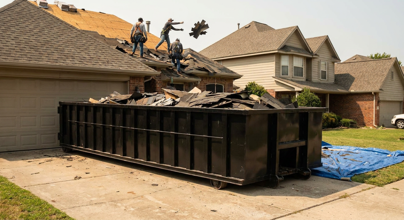 Matte-black roofing roll-off dumpster placed directly on a Cranston residential concrete driveway, a tear-off crew on a two-story asphalt-shingle roof tossing shingle bundles into the low-walled container, bright daylight, documentary 35mm perspective.