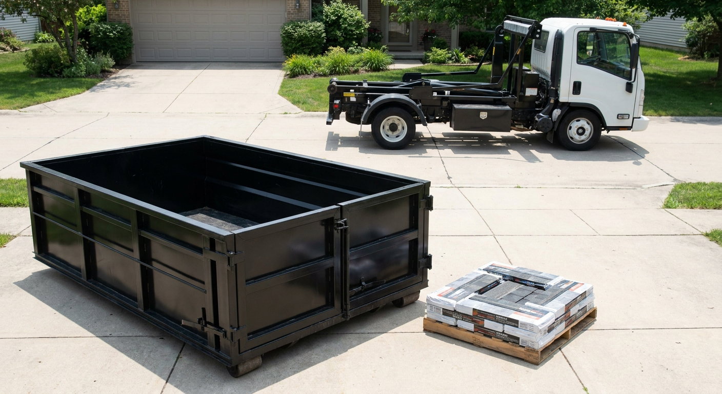 Matte-black 15-yard roofing roll-off dumpster with reinforced low side walls sitting directly on a Cranston residential concrete driveway, three-tab asphalt shingle bundles stacked nearby, an unmarked white hauler truck partially visible at the edge of the frame.
