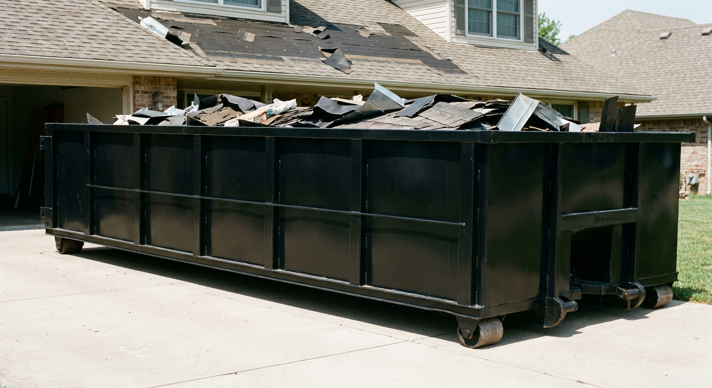 Matte-black 20-yard roofing roll-off dumpster with steel ribbed sides and swinging rear door, sitting directly on the concrete driveway of a two-story Cranston home, asphalt shingle debris being loaded over the low wall, clean documentary lighting.