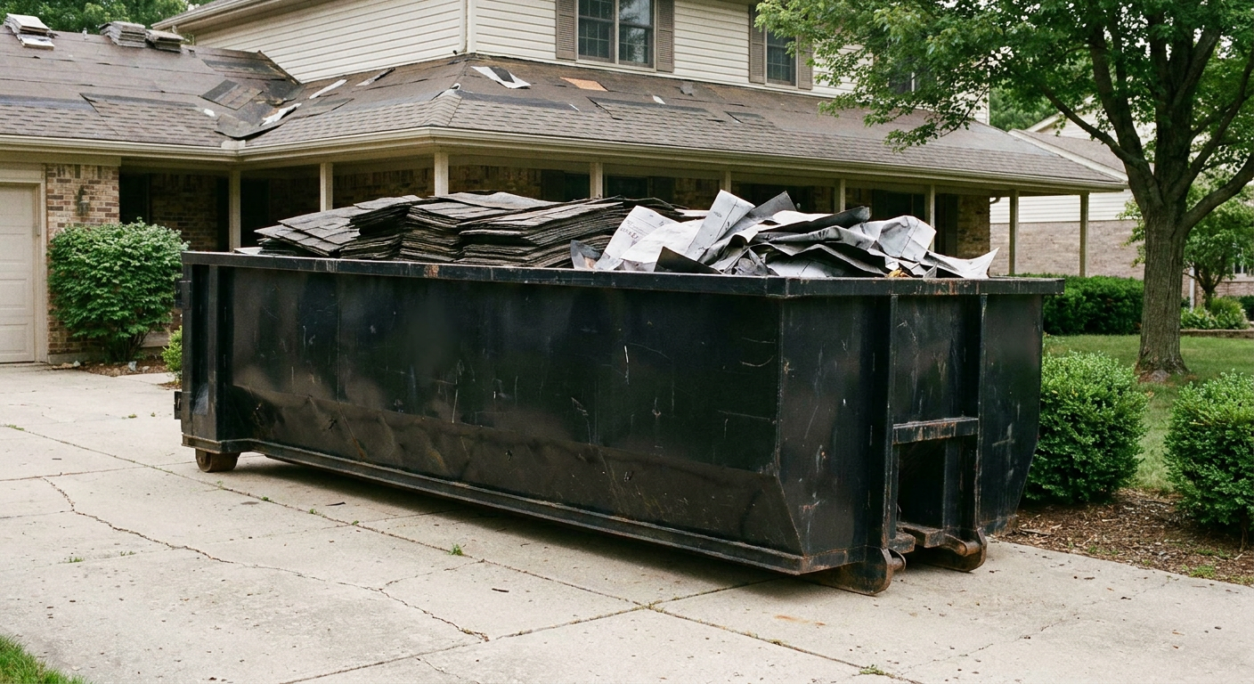 Matte-black 30-yard roofing roll-off dumpster sitting directly on a Cranston concrete driveway, taller ribbed steel side panels, mixed tear-off debris of asphalt shingles and underlayment inside, professional documentary daylight.