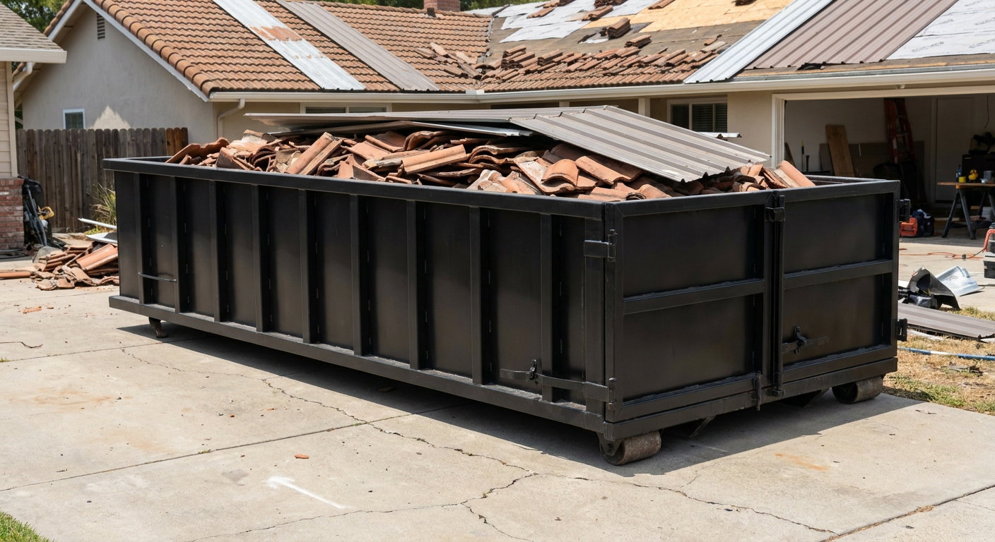 Matte-black low-wall heavy-debris roofing roll-off dumpster sitting directly on a Cranston concrete driveway, broken concrete clay roof tiles and metal panel sections loaded inside, reinforced ribbed steel side walls visible, bright outdoor daylight.