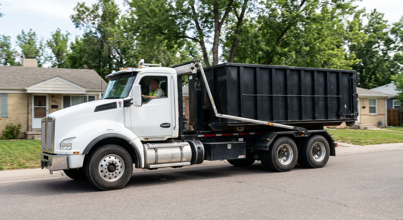 A wide documentary shot of a matte-black roll-off delivery truck pulling onto a quiet Cranston residential street at mid-morning, with neighborhood rooftops and tree-lined blocks visible behind, showing the metro coverage footprint.