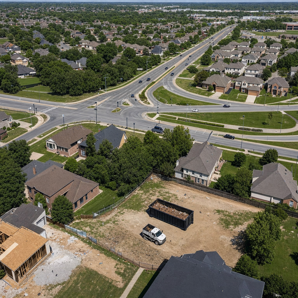 An overhead documentary view of the Cranston metro area at midday, showing the spread of neighborhoods, arterial roads, and the dispatch radius from a central yard — clean daylight, organized geographic layout.