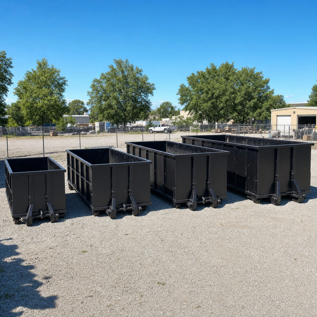 A clean lineup of matte-black roll-off dumpsters in 10, 20, 30, and 40-yard sizes staged on a sunlit gravel yard in Cranston, showing the size progression from compact to commercial-scale containers.