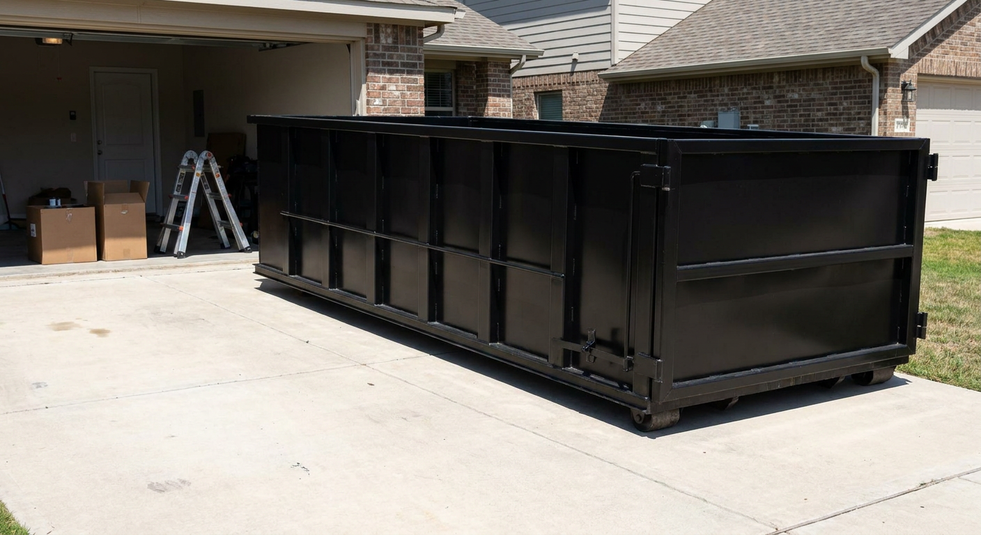 A matte-black 10-yard roll-off dumpster sitting directly on a residential Cranston concrete driveway, mid-day sunlight, clean and ready for a garage cleanout.