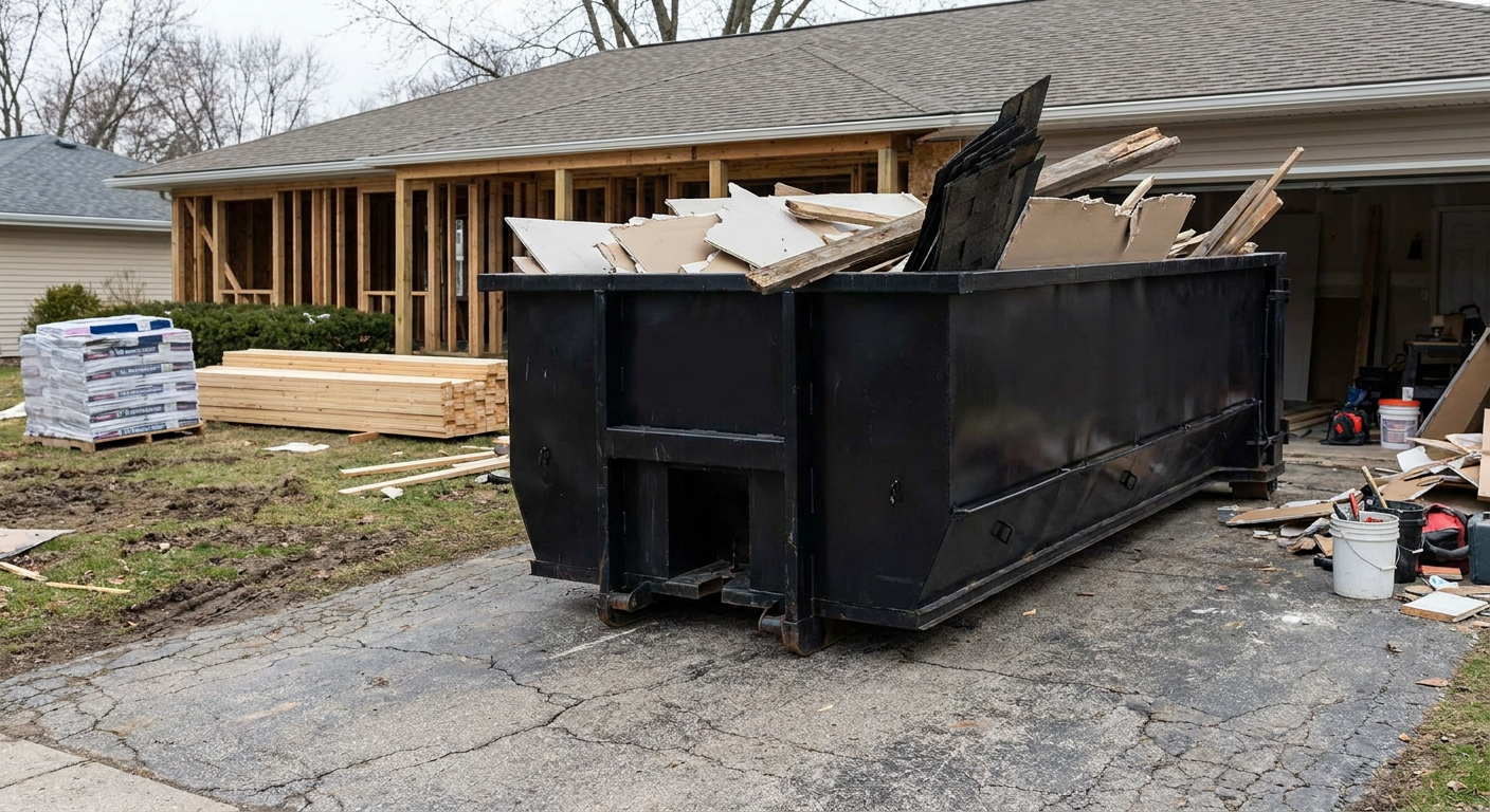 A matte-black 20-yard roll-off dumpster placed alongside a mid-renovation Cranston home directly on the asphalt driveway, with framing materials and torn-off shingles staged neatly nearby.