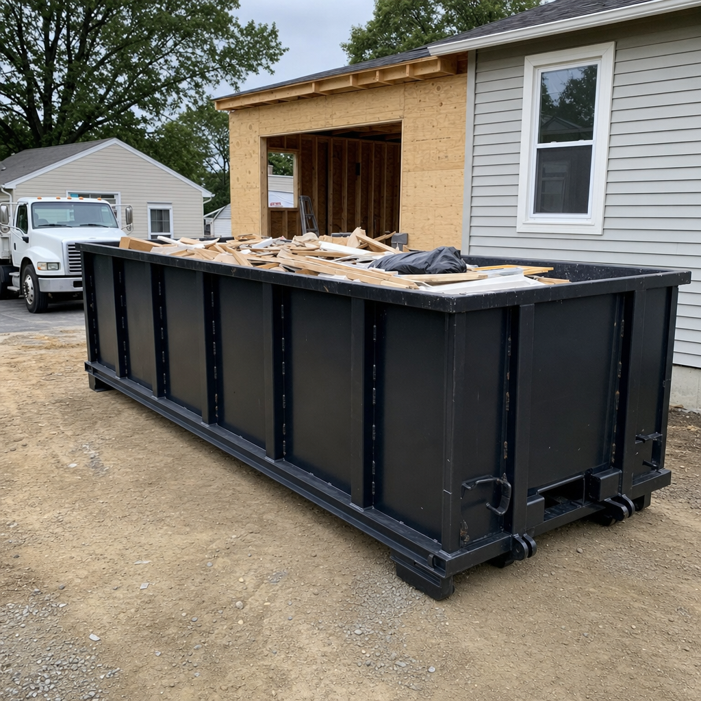 A matte-black 30-yard roll-off dumpster positioned at a Cranston residential addition jobsite, with framing lumber and drywall scraps loaded through the open swinging rear doors.