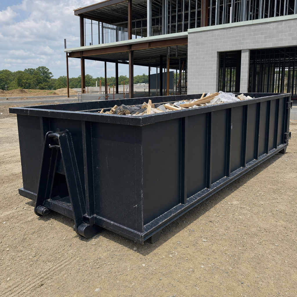 A matte-black 40-yard roll-off dumpster staged on a large Cranston commercial construction lot, with a hooklift delivery truck parked alongside under bright midday sky.