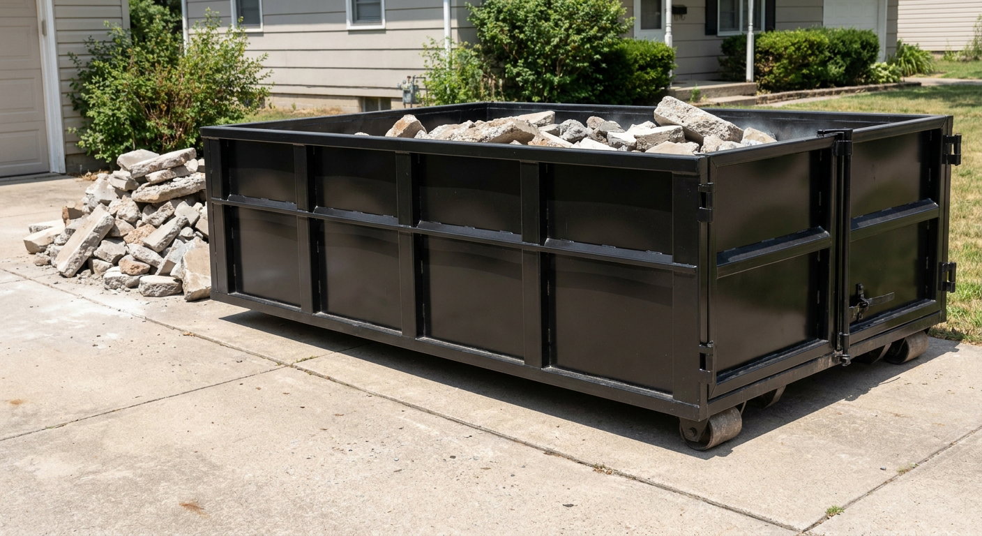 A matte-black low-side heavy-debris roll-off dumpster placed directly on a Cranston concrete driveway, with broken concrete chunks neatly stacked beside it under clean daylight.